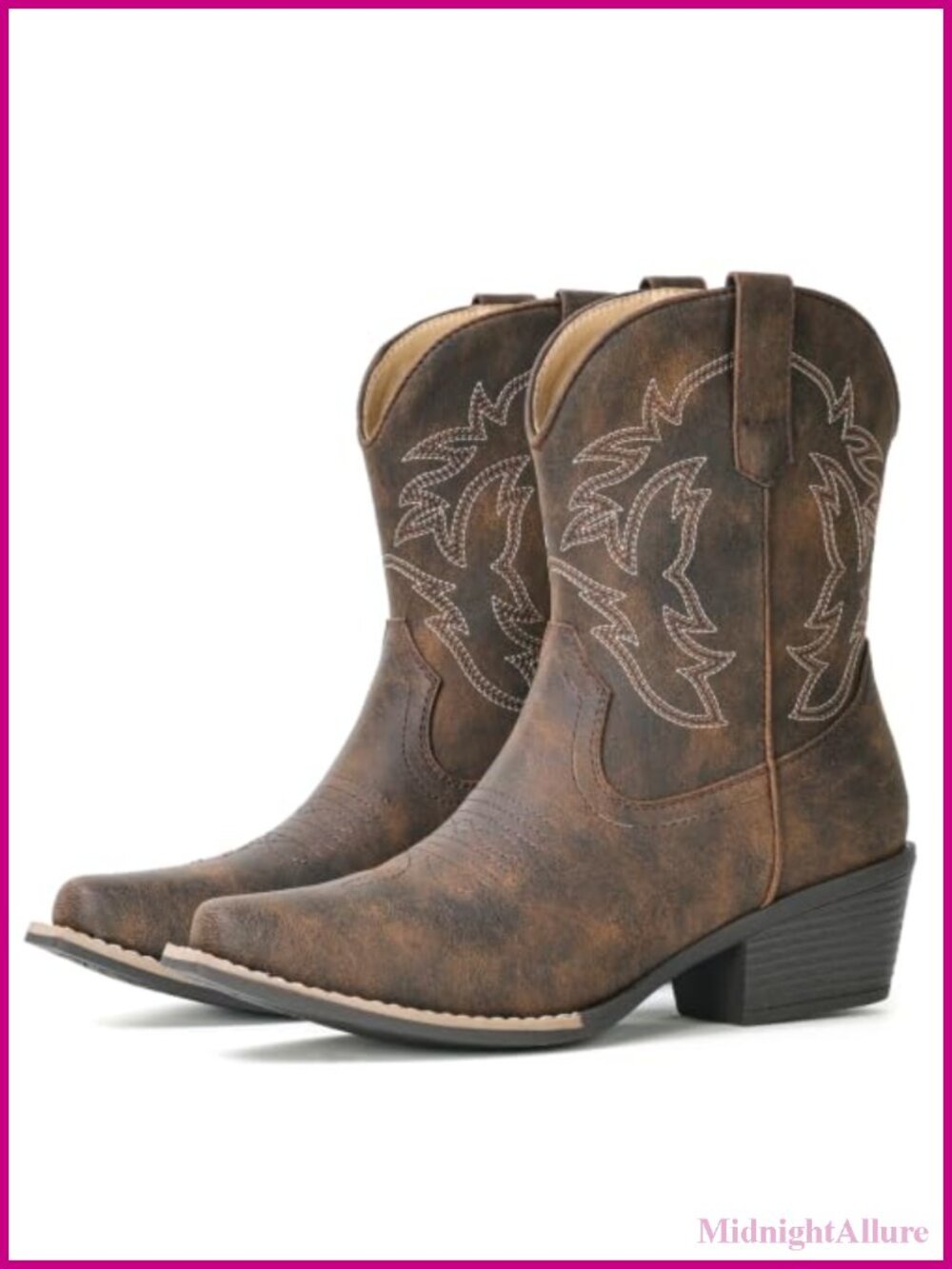 Women's Cowboy Ankle Boots Faux Leather Snip Toe Block Heel